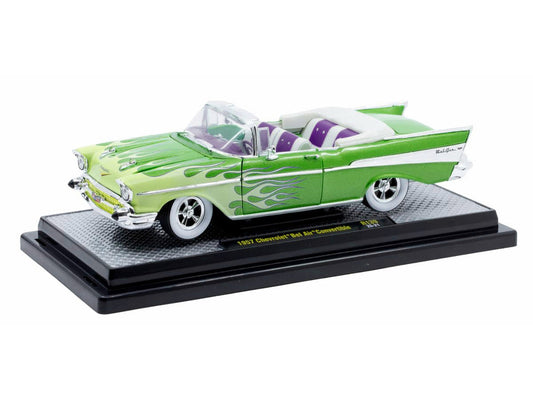 1957 Chevrolet Bel Air Convertible Green Metallic with Flame Graphics and Purple and White Interior Limited Edition to 4050 pieces Worldwide 1/24 Diecast Model Car by M2 Machines LuxuryLifeWay Online Store