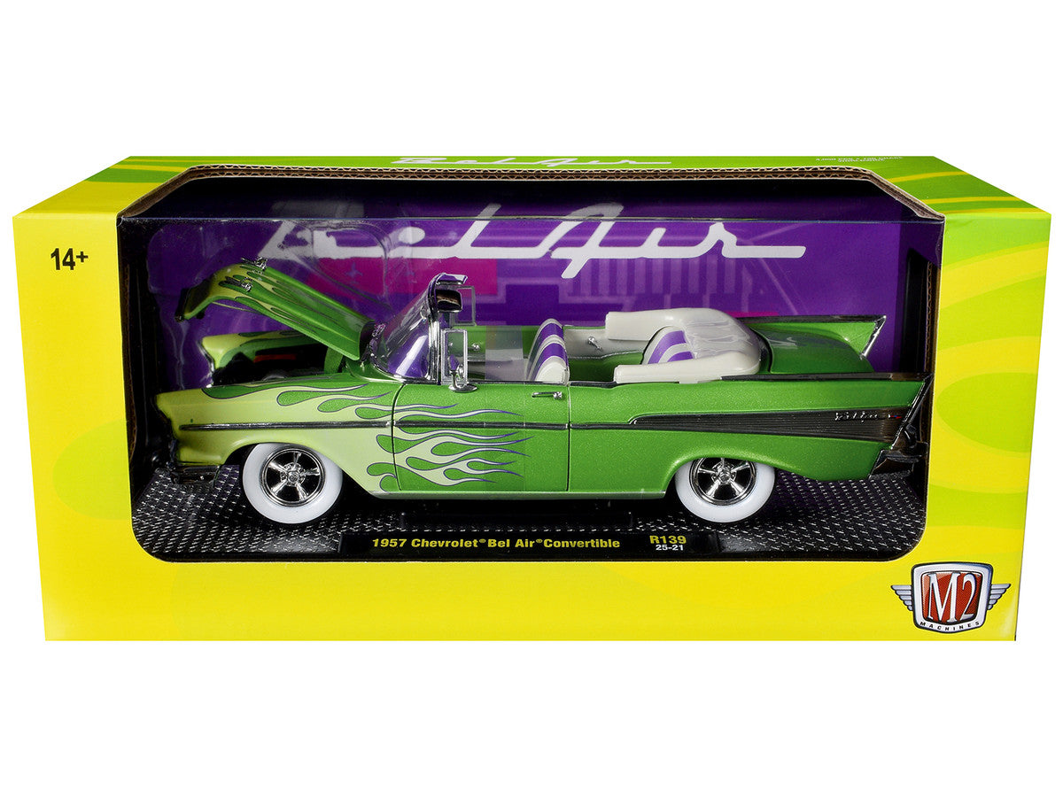1957 Chevrolet Bel Air Convertible Green Metallic with Flame Graphics and Purple and White Interior Limited Edition to 4050 pieces Worldwide 1/24 Diecast Model Car by M2 Machines LuxuryLifeWay Online Store