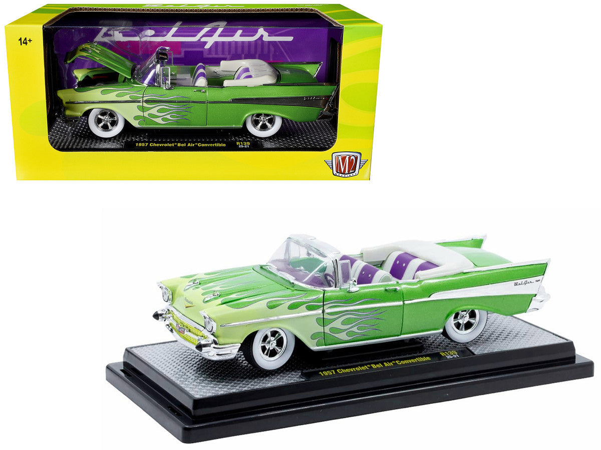 1957 Chevrolet Bel Air Convertible Green Metallic with Flame Graphics and Purple and White Interior Limited Edition to 4050 pieces Worldwide 1/24 Diecast Model Car by M2 Machines LuxuryLifeWay Online Store