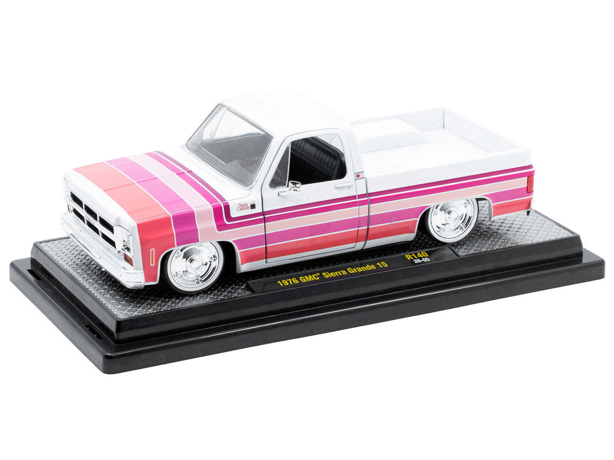 1976 GMC Sierra Grande 15 Pickup Truck White with Stripes Limited Edition to 9250 pieces Worldwide 1/24 Diecast Model Car by M2 Machines LuxuryLifeWay Online Store