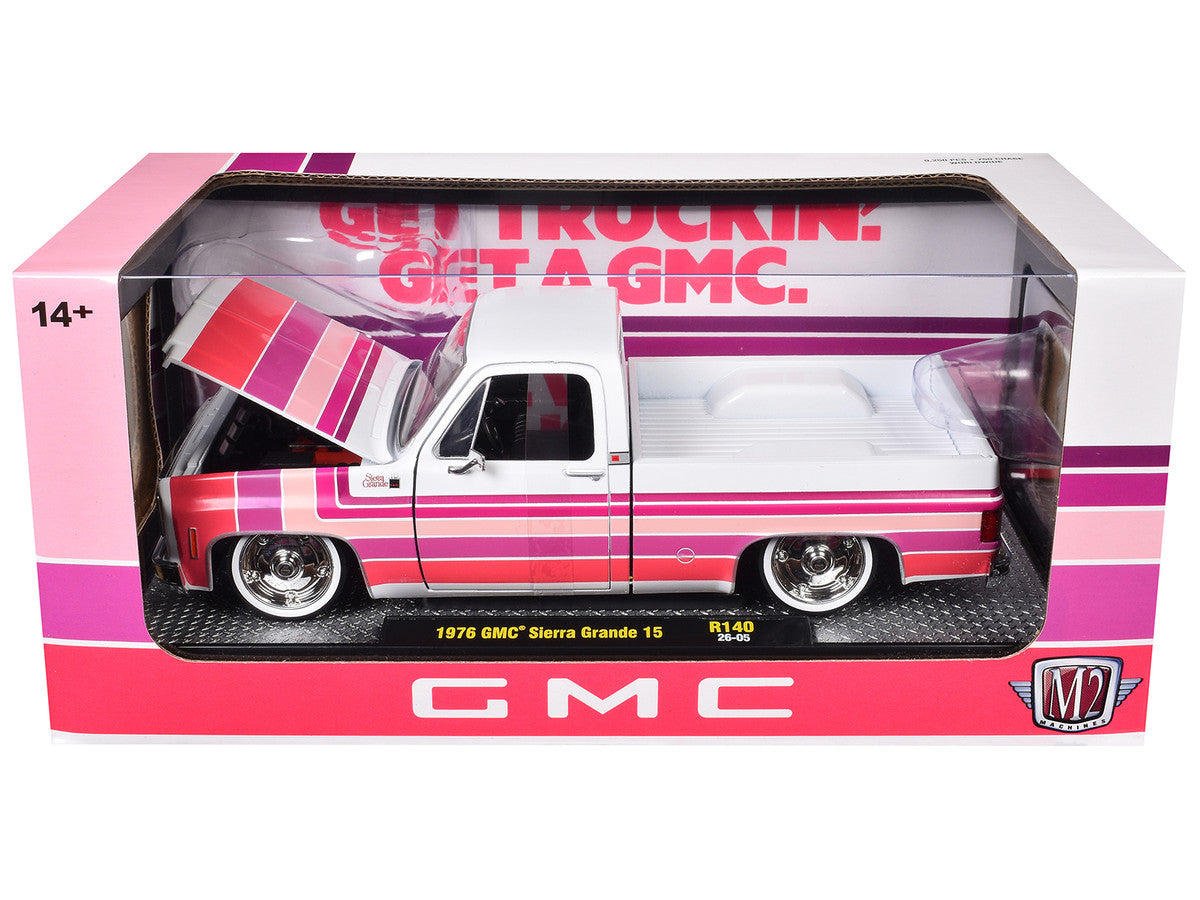 1976 GMC Sierra Grande 15 Pickup Truck White with Stripes Limited Edition to 9250 pieces Worldwide 1/24 Diecast Model Car by M2 Machines LuxuryLifeWay Online Store