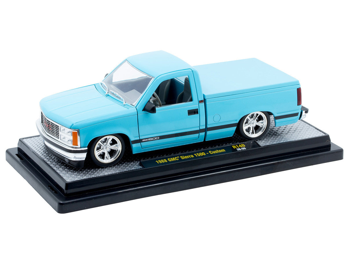 1988 GMC Sierra 1500 Custom Pickup Truck Light Blue with Black Stripes Limited Edition to 9250 pieces Worldwide 1/24 Diecast Model Car by M2 Machines LuxuryLifeWay Online Store