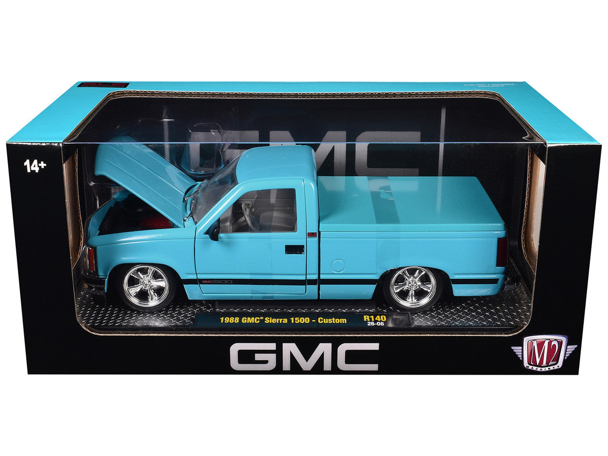 1988 GMC Sierra 1500 Custom Pickup Truck Light Blue with Black Stripes Limited Edition to 9250 pieces Worldwide 1/24 Diecast Model Car by M2 Machines LuxuryLifeWay Online Store