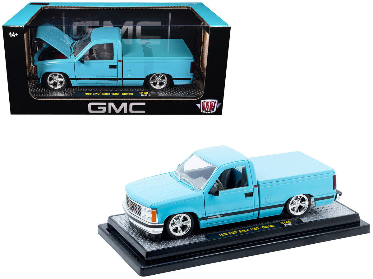 1988 GMC Sierra 1500 Custom Pickup Truck Light Blue with Black Stripes Limited Edition to 9250 pieces Worldwide 1/24 Diecast Model Car by M2 Machines LuxuryLifeWay Online Store