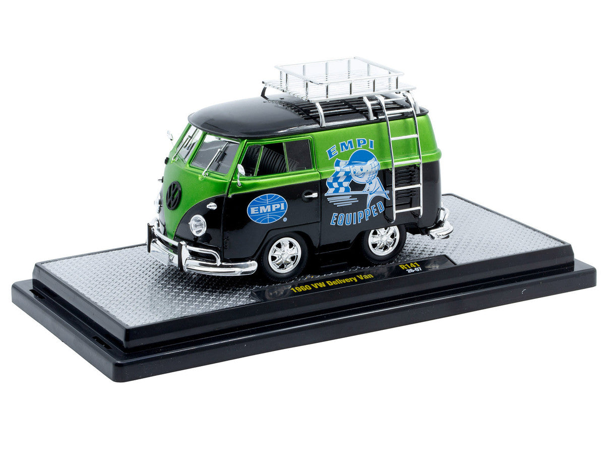 1960 Volkswagen Delivery Van "EMPI Equipped" Black and Green Metallic with Roof Rack and Ladder Limited Edition to 4050 pieces Worldwide 1/24 Diecast Model Car by M2 Machines LuxuryLifeWay Online Store