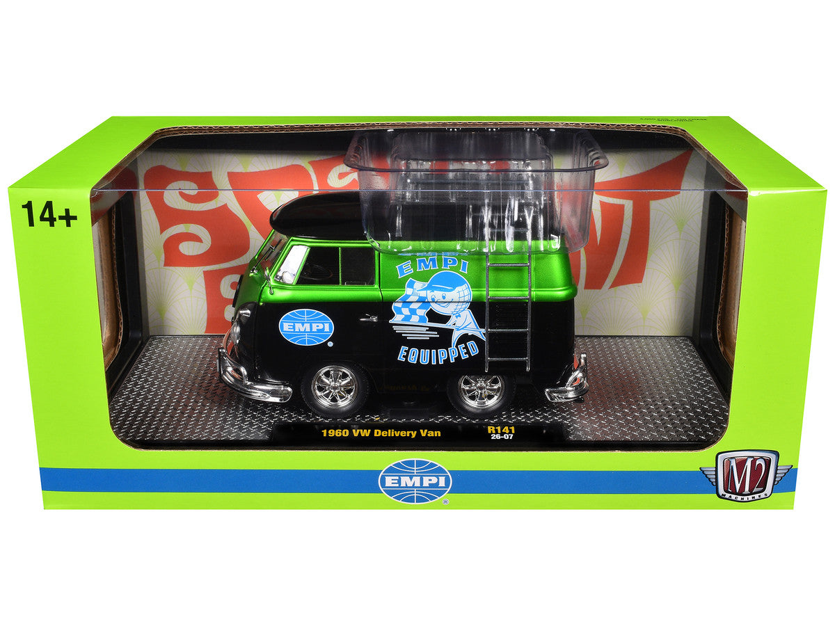 1960 Volkswagen Delivery Van "EMPI Equipped" Black and Green Metallic with Roof Rack and Ladder Limited Edition to 4050 pieces Worldwide 1/24 Diecast Model Car by M2 Machines LuxuryLifeWay Online Store