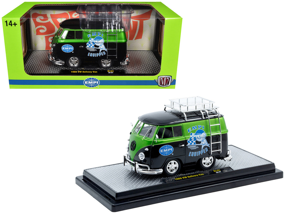 1960 Volkswagen Delivery Van "EMPI Equipped" Black and Green Metallic with Roof Rack and Ladder Limited Edition to 4050 pieces Worldwide 1/24 Diecast Model Car by M2 Machines LuxuryLifeWay Online Store