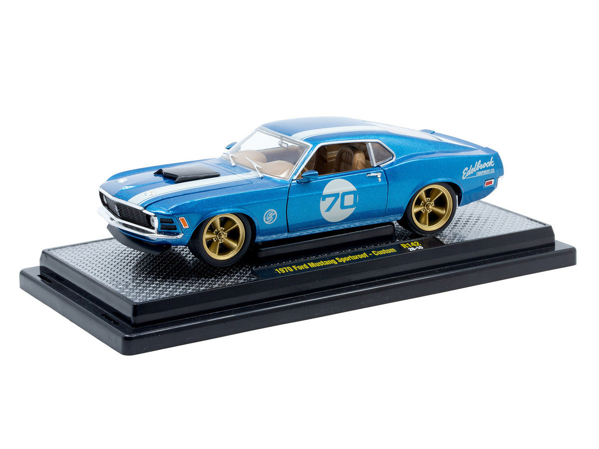 1970 Ford Mustang Sportsroof #70 Blue Metallic with White Stripes Limited Edition to 4050 pieces Worldwide 1/24 Diecast Model Car by M2 Machines LuxuryLifeWay Online Store