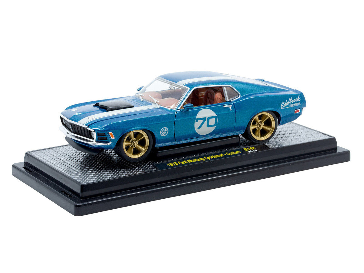 1970 Ford Mustang Sportsroof #70 Blue Metallic with White Stripes Limited Edition to 4050 pieces Worldwide 1/24 Diecast Model Car by M2 Machines LuxuryLifeWay Online Store