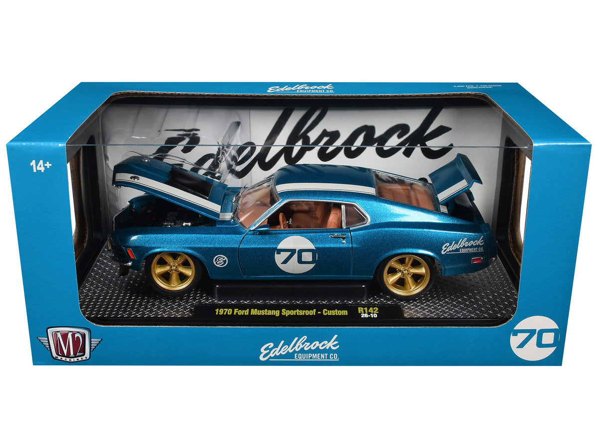1970 Ford Mustang Sportsroof #70 Blue Metallic with White Stripes Limited Edition to 4050 pieces Worldwide 1/24 Diecast Model Car by M2 Machines LuxuryLifeWay Online Store