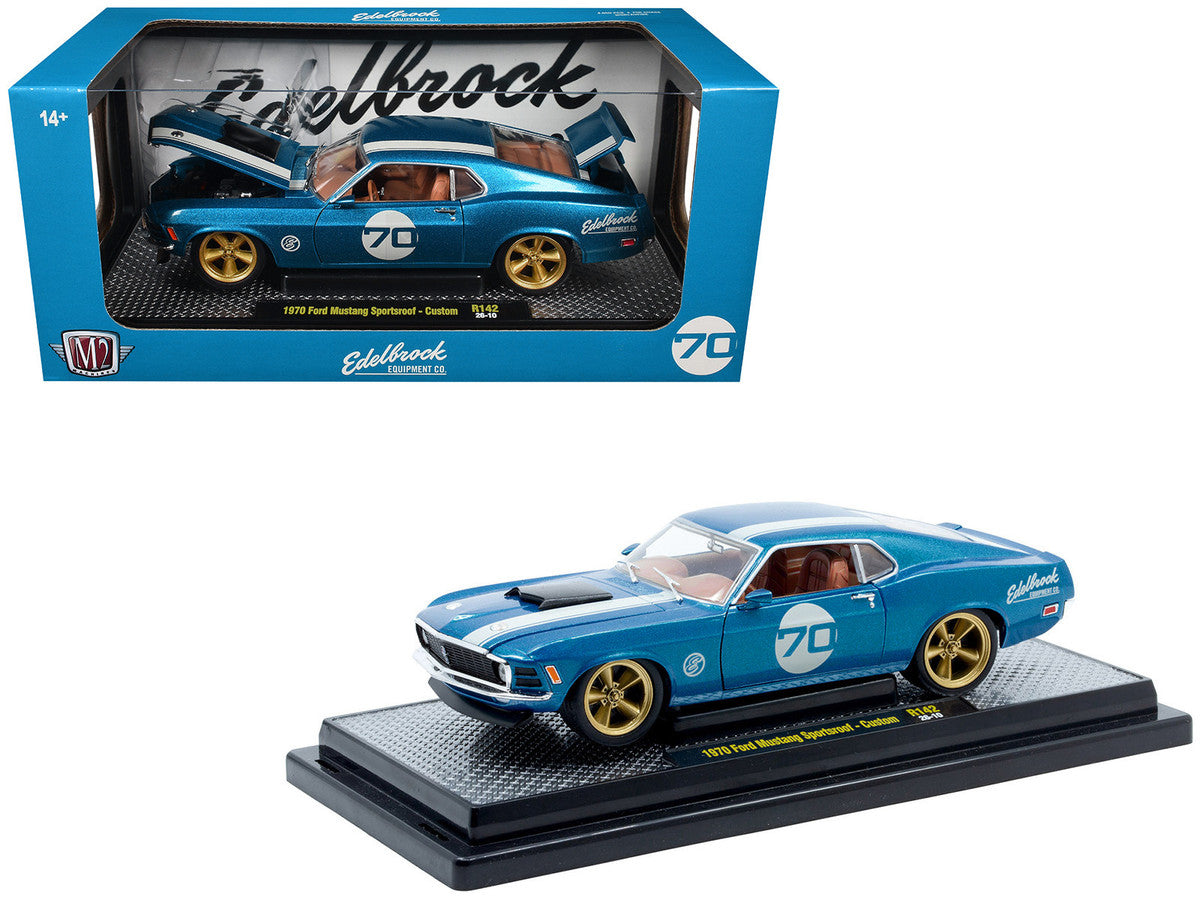 1970 Ford Mustang Sportsroof #70 Blue Metallic with White Stripes Limited Edition to 4050 pieces Worldwide 1/24 Diecast Model Car by M2 Machines LuxuryLifeWay Online Store