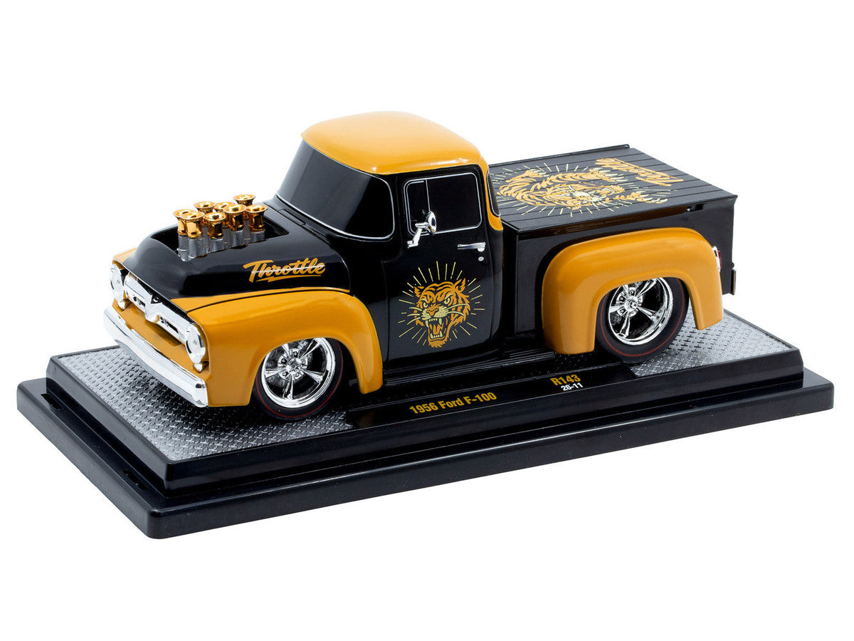 1956 Ford F-100 Pickup Truck "Throttle" Black with Brown Top and Fenders with Graphics Limited Edition to 6250 pieces Worldwide 1/24 Diecast Model Car by M2 Machines LuxuryLifeWay Online Store
