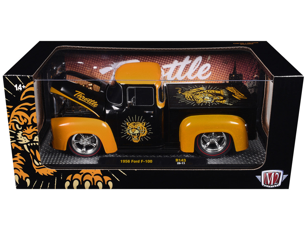 1956 Ford F-100 Pickup Truck "Throttle" Black with Brown Top and Fenders with Graphics Limited Edition to 6250 pieces Worldwide 1/24 Diecast Model Car by M2 Machines LuxuryLifeWay Online Store