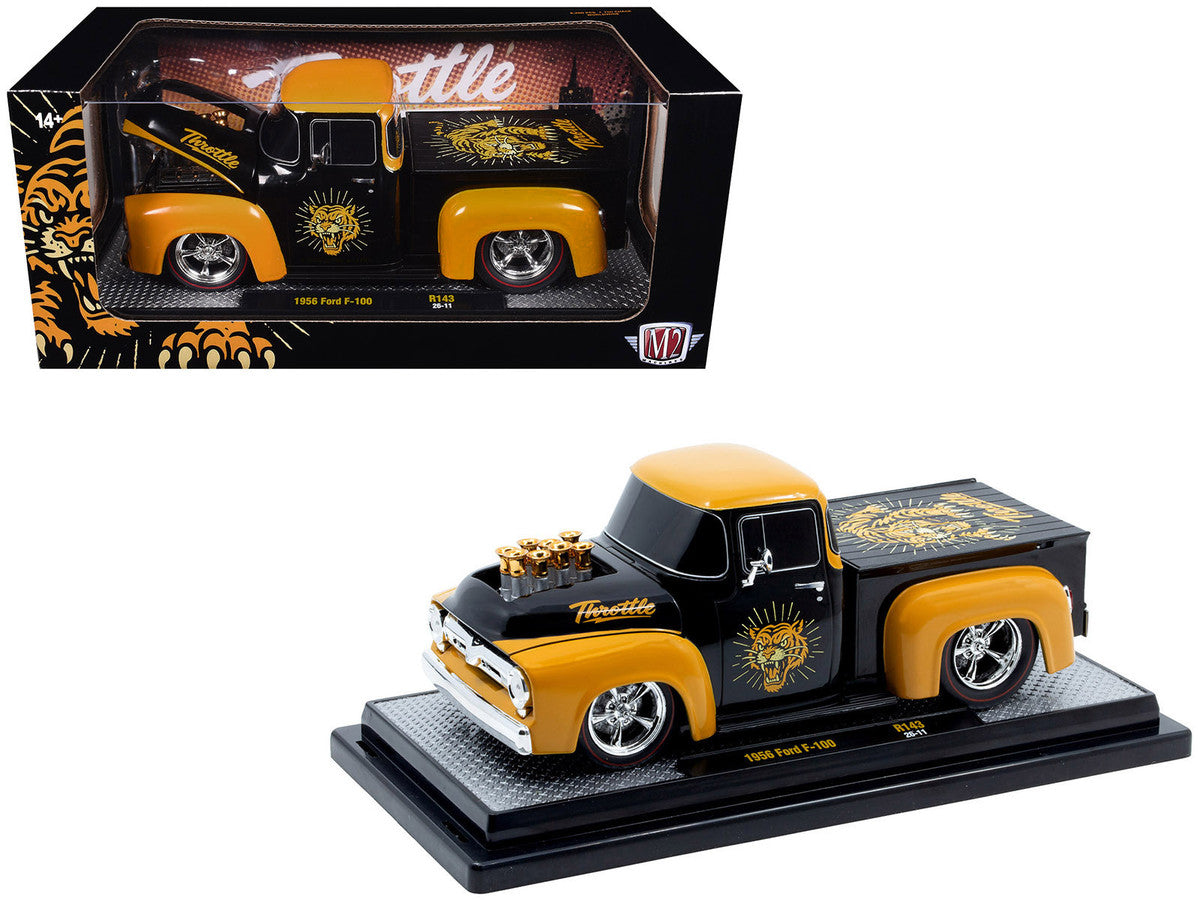 1956 Ford F-100 Pickup Truck "Throttle" Black with Brown Top and Fenders with Graphics Limited Edition to 6250 pieces Worldwide 1/24 Diecast Model Car by M2 Machines LuxuryLifeWay Online Store