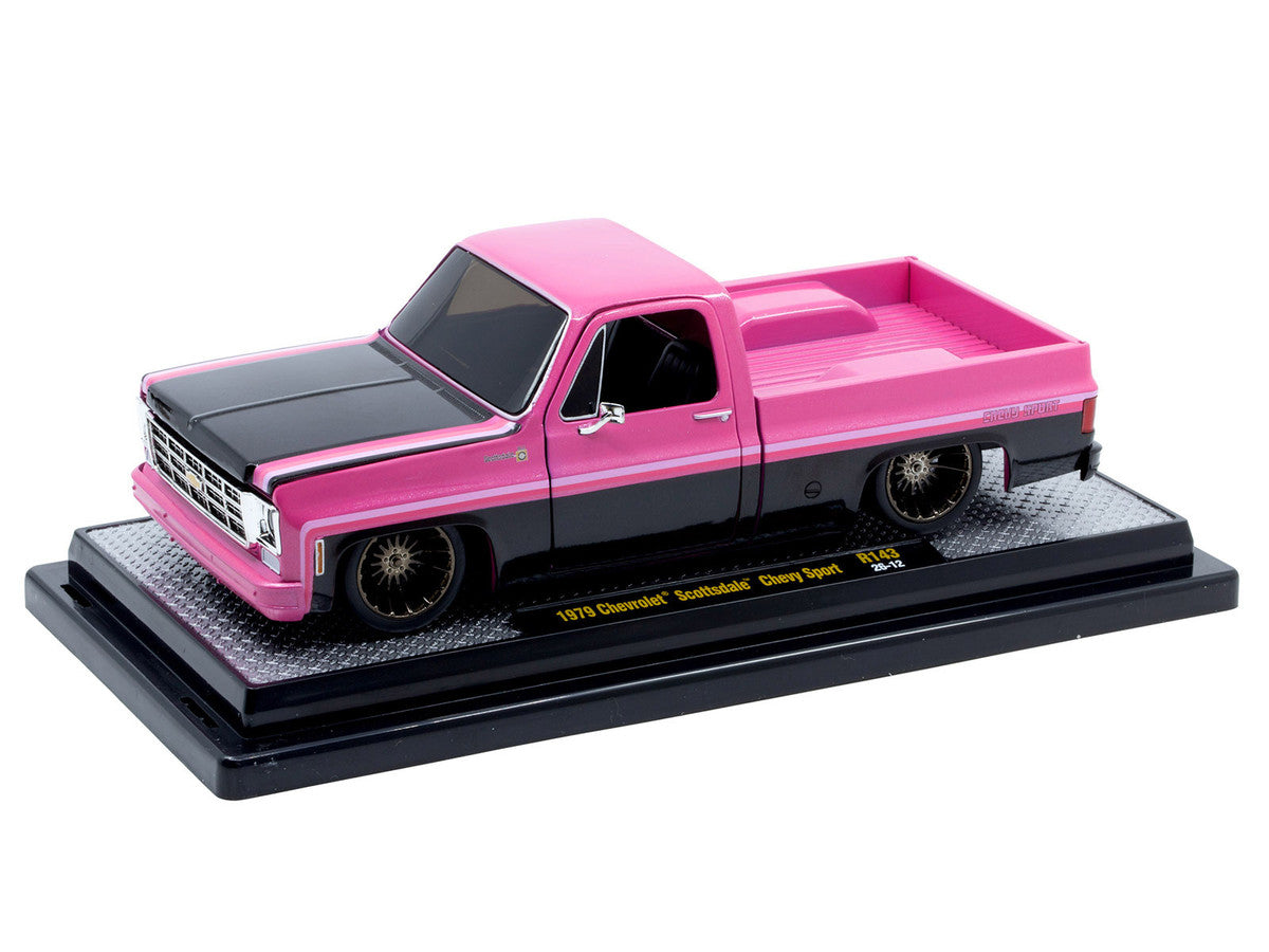 1979 Chevrolet Scottsdale Pickup Truck "Chevy Sport" Pink and Black Limited Edition to 6250 pieces Worldwide 1/24 Diecast Model Car by M2 Machines LuxuryLifeWay Online Store