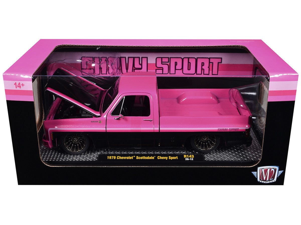 1979 Chevrolet Scottsdale Pickup Truck "Chevy Sport" Pink and Black Limited Edition to 6250 pieces Worldwide 1/24 Diecast Model Car by M2 Machines LuxuryLifeWay Online Store