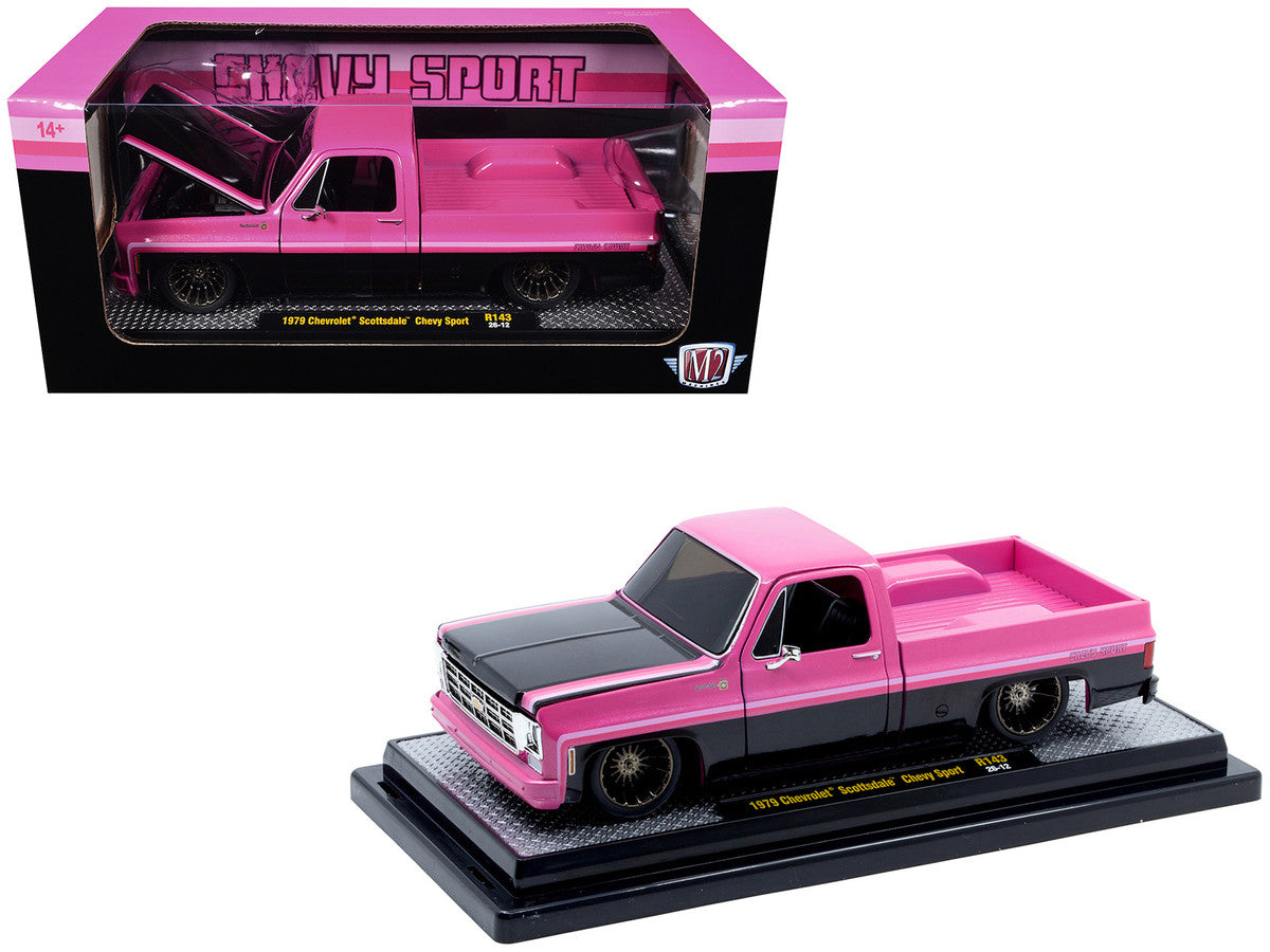 1979 Chevrolet Scottsdale Pickup Truck "Chevy Sport" Pink and Black Limited Edition to 6250 pieces Worldwide 1/24 Diecast Model Car by M2 Machines LuxuryLifeWay Online Store