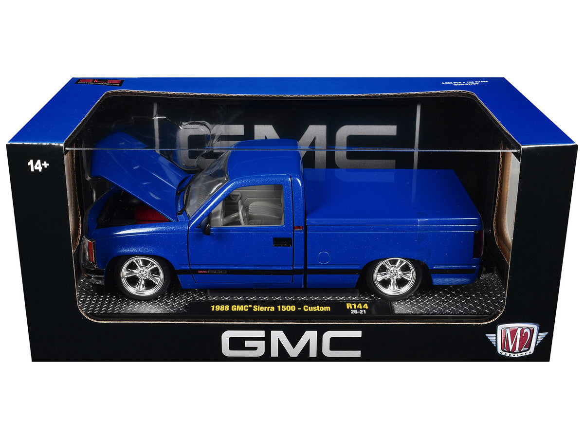 1988 GMC Sierra 1500 Custom Pickup Truck Blue Metallic with Black Stripes Limited Edition to 4850 pieces Worldwide 1/24 Diecast Model Car by M2 Machines LuxuryLifeWay Online Store