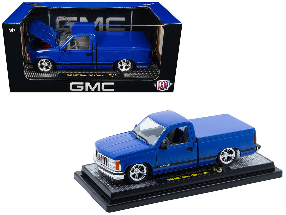 1988 GMC Sierra 1500 Custom Pickup Truck Blue Metallic with Black Stripes Limited Edition to 4850 pieces Worldwide 1/24 Diecast Model Car by M2 Machines LuxuryLifeWay Online Store