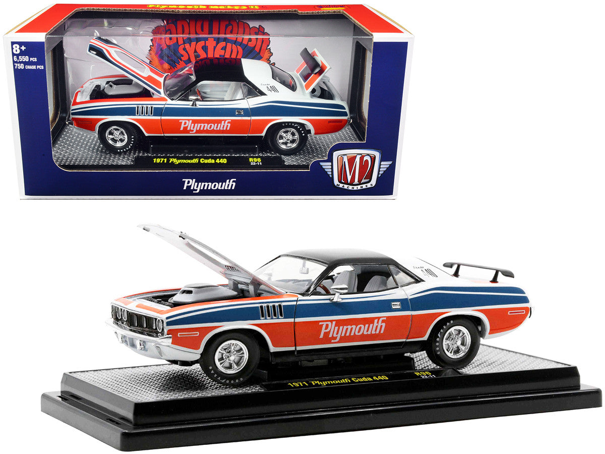 1971 Plymouth Barracuda 440 Pearl White with Blue and Red Stripes and Black Top Limited Edition to 6550 pieces Worldwide 1/24 Diecast Model Car by M2 Machines LuxuryLifeWay Online Store