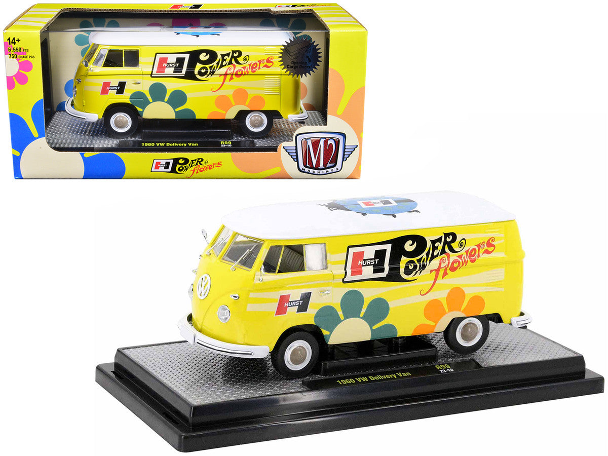1960 Volkswagen Delivery Van Yellow with Bright White Top and Flower Graphics "Hurst Power Flowers" Limited Edition to 6550 pieces Worldwide 1/24 Diecast Model Car by M2 Machines LuxuryLifeWay Online Store