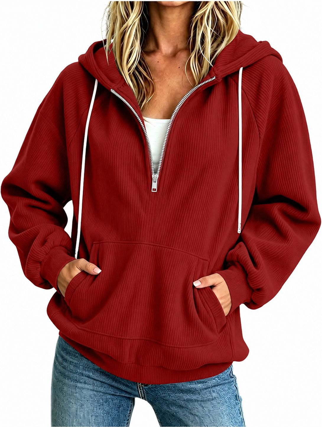 2026 Autumn New European And American Women's Half Zipper Hoodie Loose Long Sleeve Drawstring Casual Top NorixaFashion.com