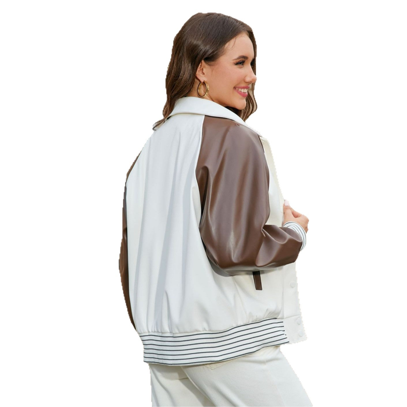 Color-blocked Spliced PU Leather Women's Motorcycle Jacket Baseball Coat LadyShow.Store