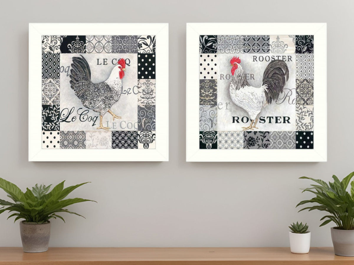 Set Of Two Black And White Rooster White Framed Print Wall Art LuxuryLifeWay Online Store