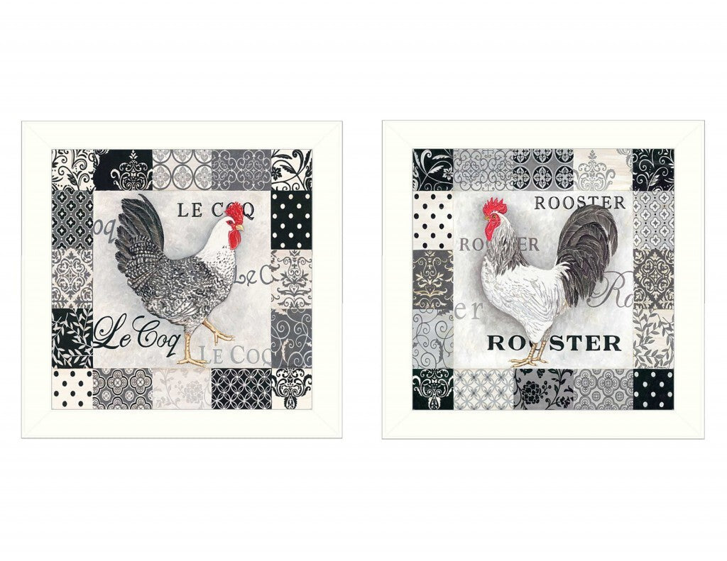 Set Of Two Black And White Rooster White Framed Print Wall Art LuxuryLifeWay Online Store