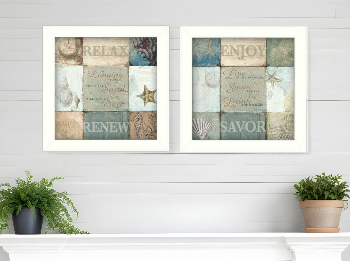 Set Of Two Sunshine Sand and Sea White Framed Print Wall Art LuxuryLifeWay Online Store