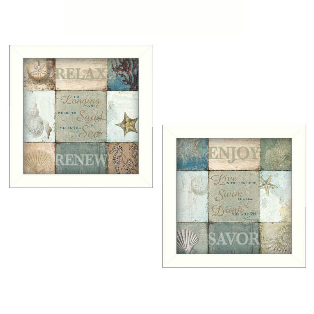 Set Of Two Sunshine Sand and Sea White Framed Print Wall Art LuxuryLifeWay Online Store
