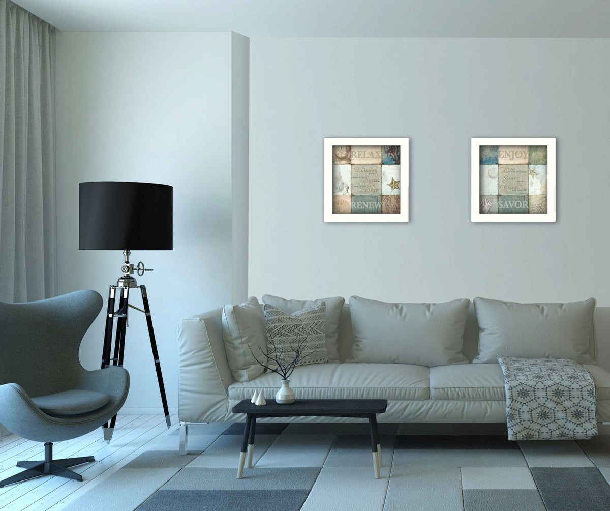 Set Of Two Sunshine Sand and Sea White Framed Print Wall Art LuxuryLifeWay Online Store