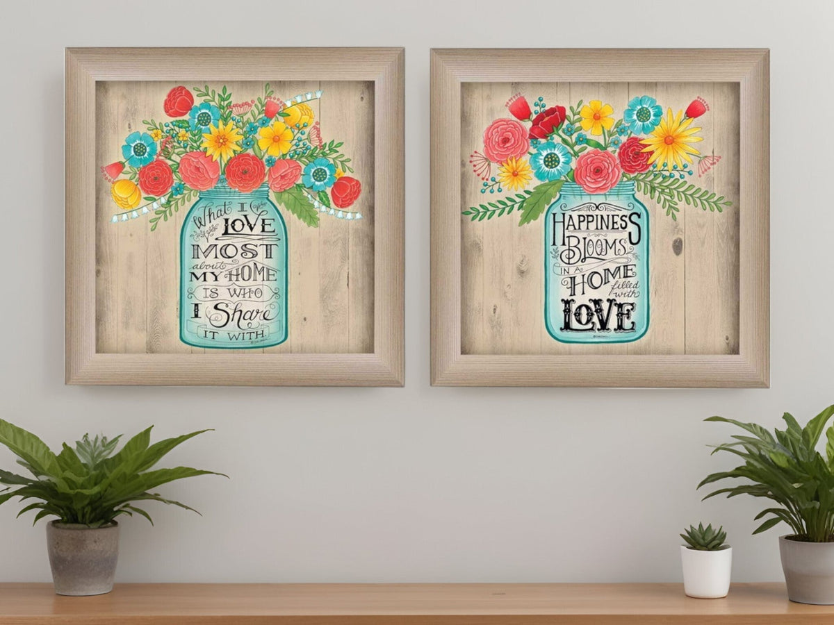 Set Of Two Mason Jar Floral Happiness at Home Brown Framed Print Wall Art LuxuryLifeWay Online Store