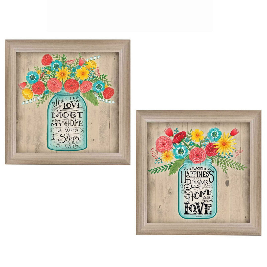Set Of Two Mason Jar Floral Happiness at Home Brown Framed Print Wall Art LuxuryLifeWay Online Store