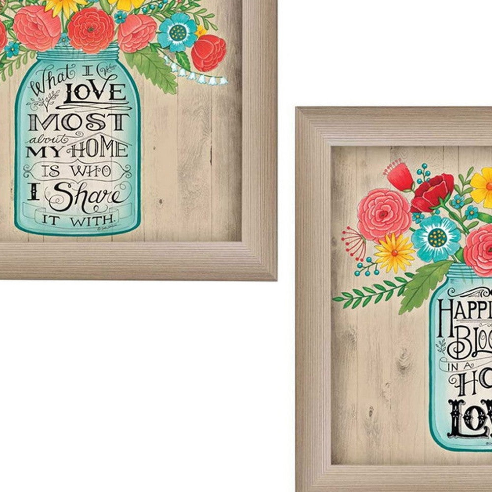 Set Of Two Mason Jar Floral Happiness at Home Brown Framed Print Wall Art LuxuryLifeWay Online Store