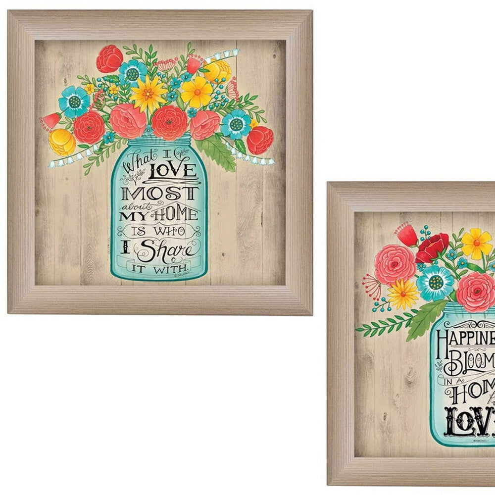 Set Of Two Mason Jar Floral Happiness at Home Brown Framed Print Wall Art LuxuryLifeWay Online Store