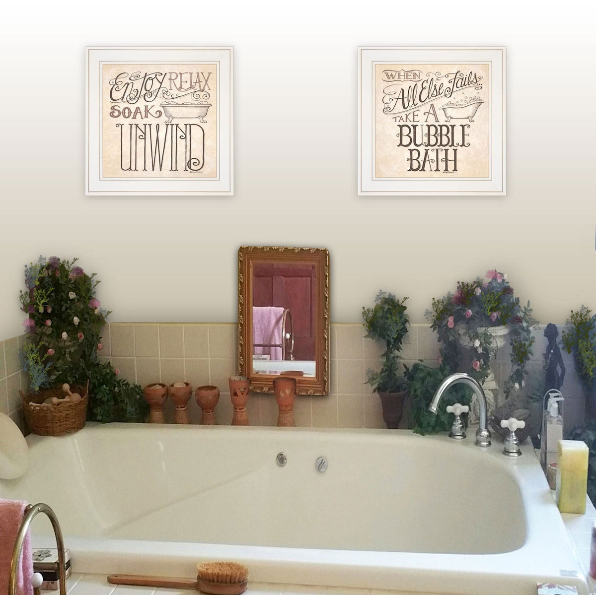 Set Of Two Soak and Unwind 2 White Framed Print Bathroom Wall Art LuxuryLifeWay Online Store