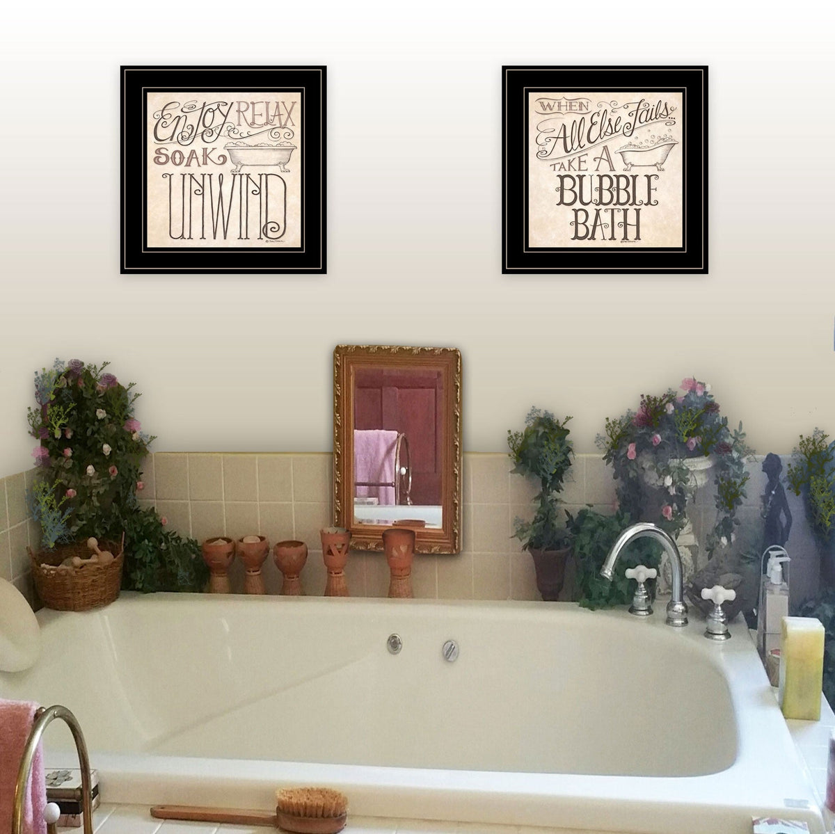 Set Of Two Soak and Unwind 3 Black Framed Print Bathroom Wall Art LuxuryLifeWay Online Store