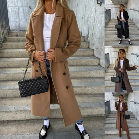 Double-breasted Lapel Split Jacket With Belt Winter Fashion Casual Long Sleeve Button Daily Coats For Women Clothing LadyShow.Store
