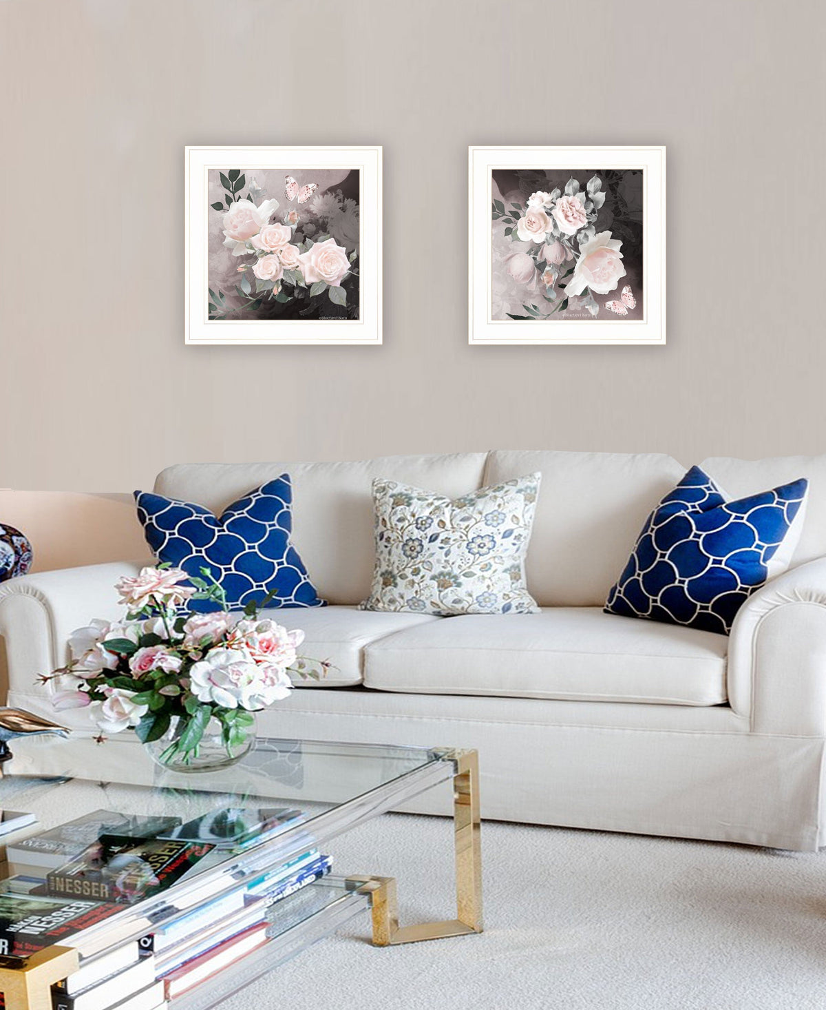 Set Of Two Noir Roses 1 White Framed Print Wall Art LuxuryLifeWay Online Store