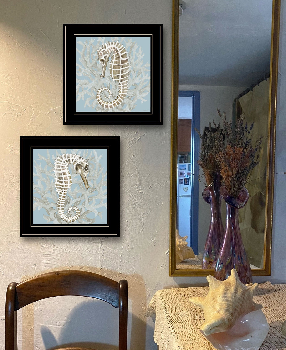 Set Of Two Coral Seahorse 1 Black Framed Print Wall Art LuxuryLifeWay Online Store