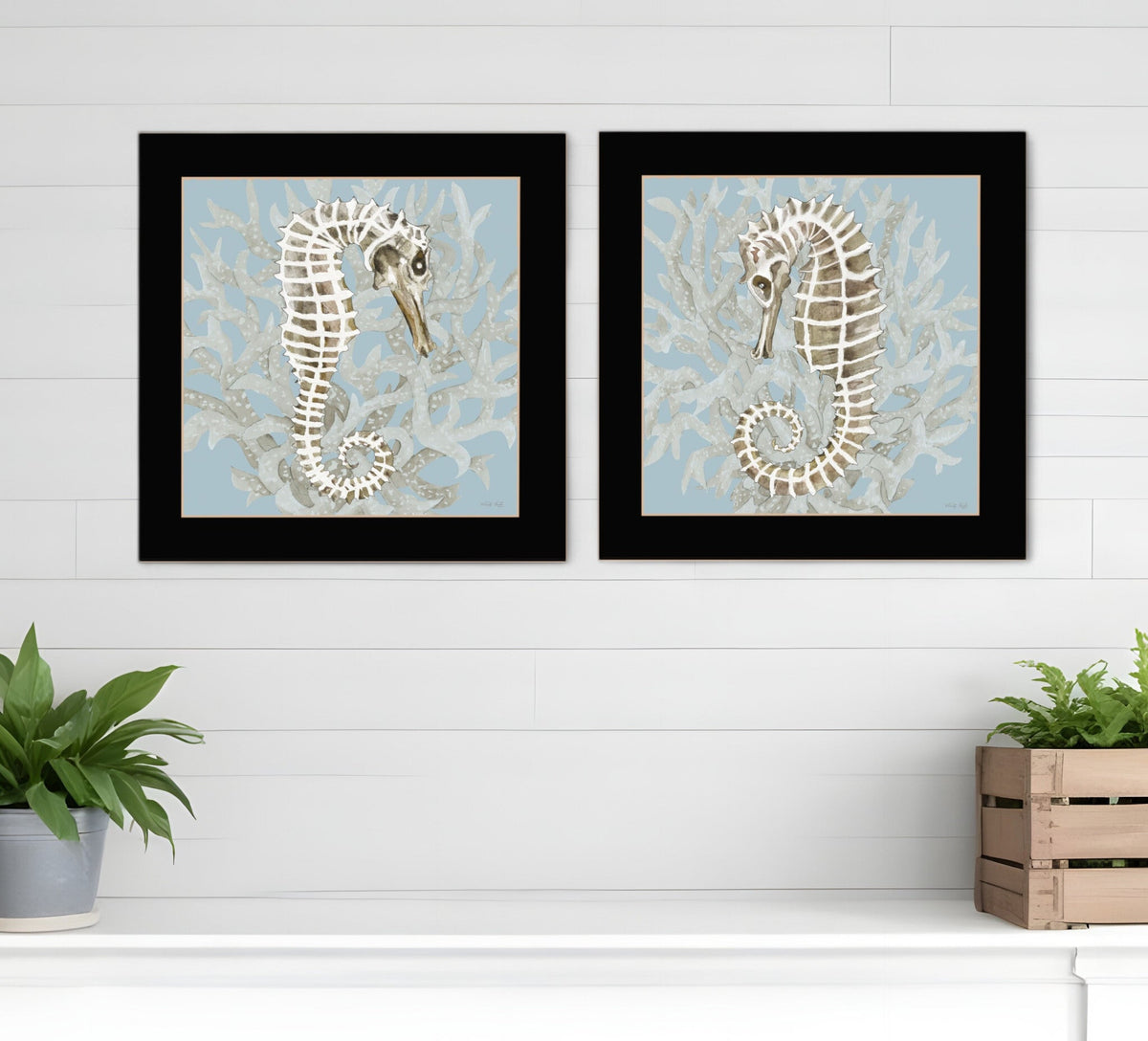 Set Of Two Coral Seahorse Black Framed Print Wall Art LuxuryLifeWay Online Store