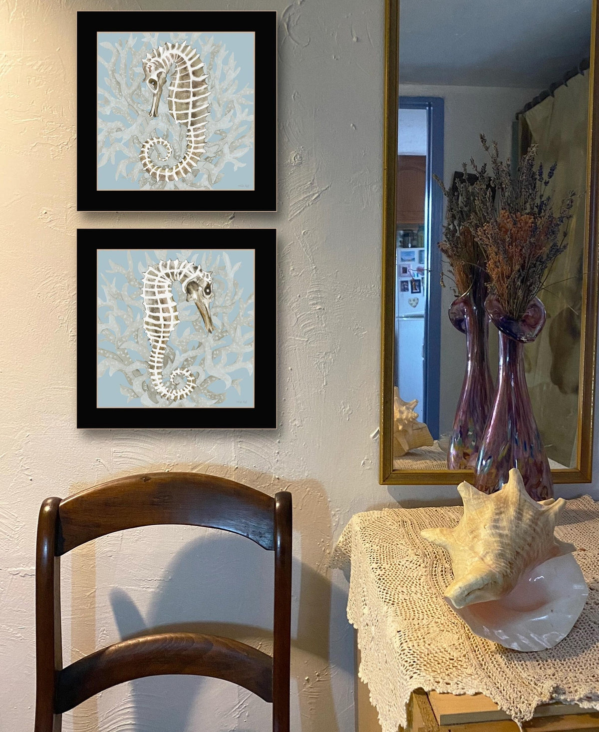 Set Of Two Coral Seahorse Black Framed Print Wall Art LuxuryLifeWay Online Store