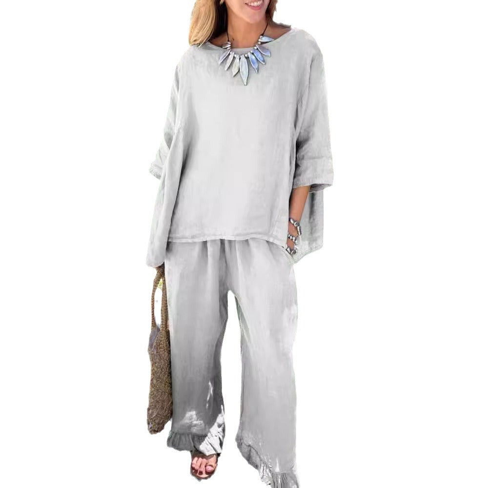 Cotton And Linen Women's Fashion Loose Trousers Two-piece Suit NorixaFashion.com
