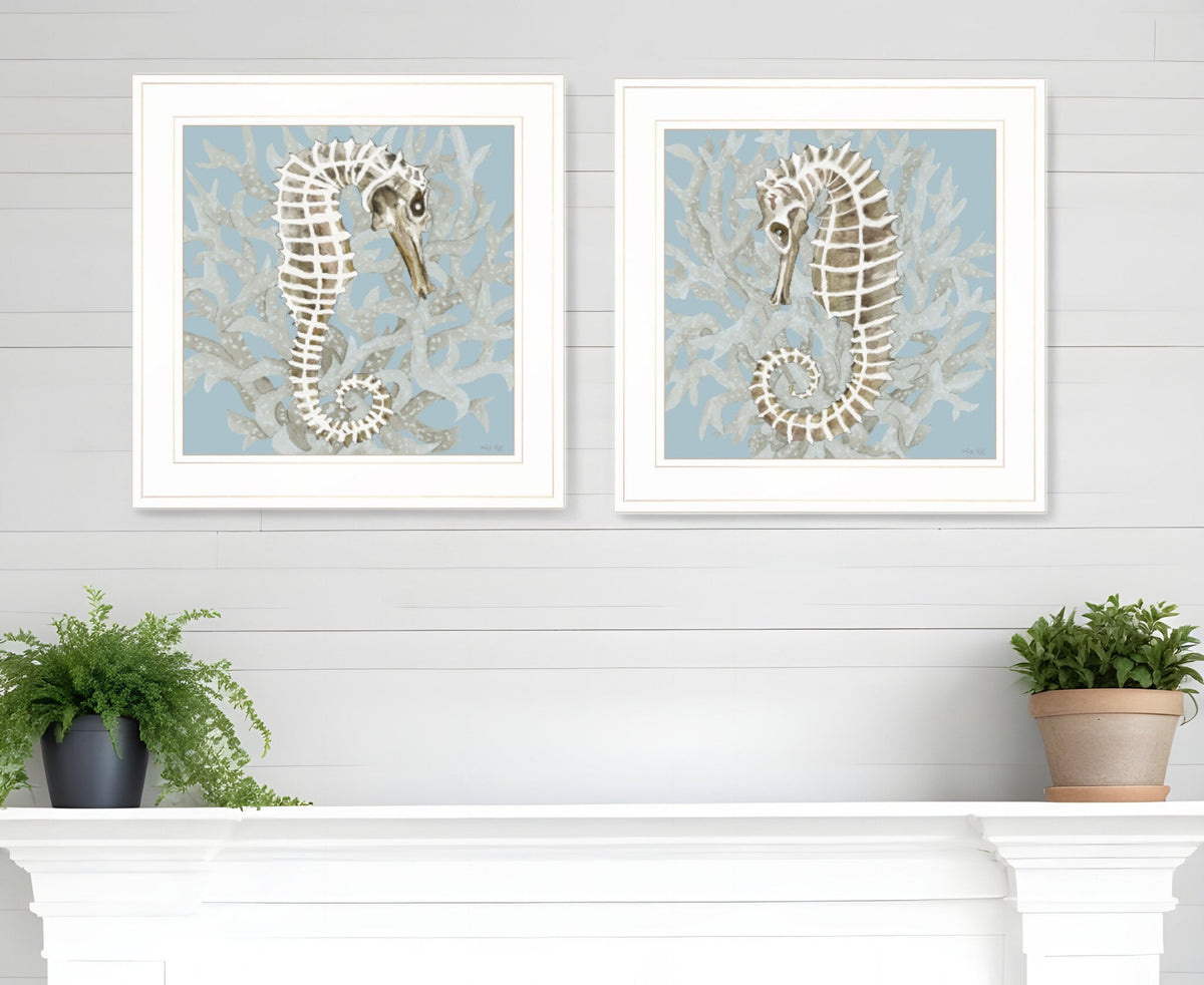 Set Of Two Coral Seahorse White Framed Print Wall Art LuxuryLifeWay Online Store