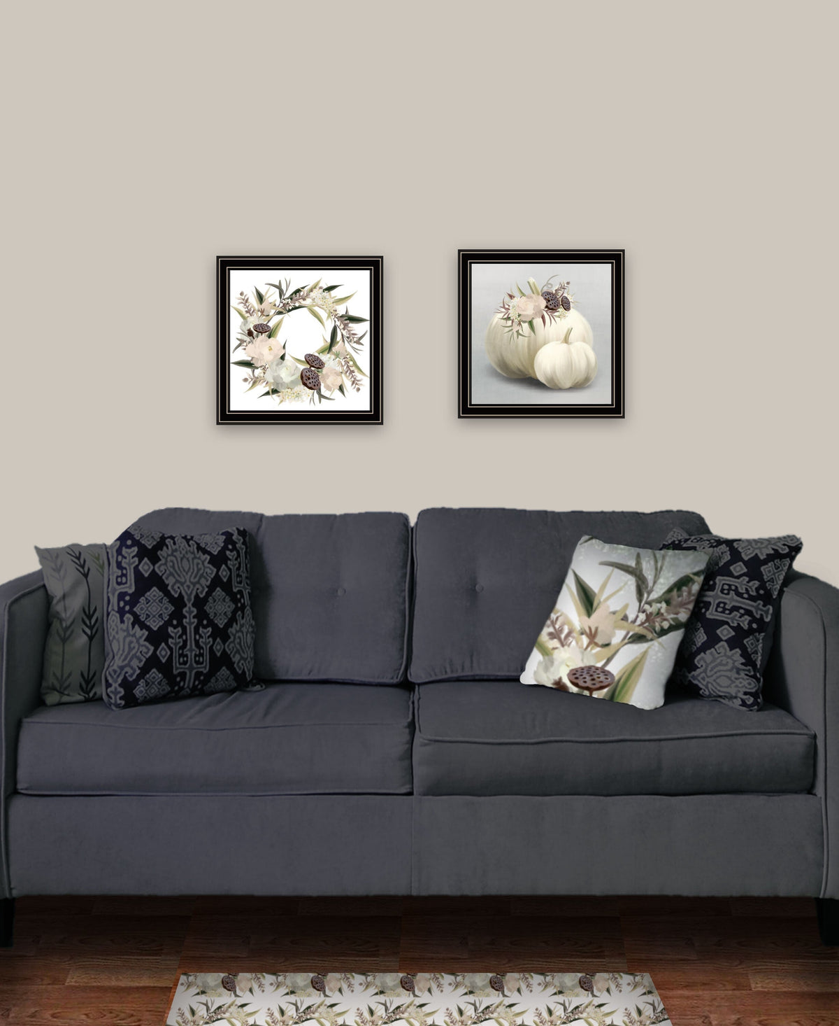 Set Of Two BOHO Pumpkins and Flowers 1 Black Framed Print Wall Art LuxuryLifeWay Online Store