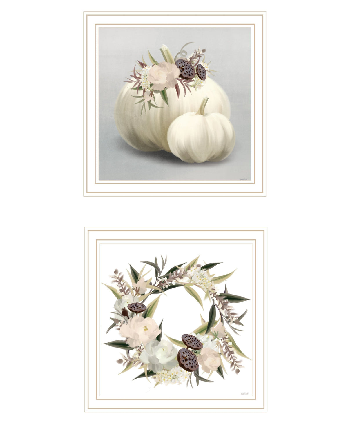 Set Of Two BOHO Pumpkins and Flowers 2 White Framed Print Wall Art LuxuryLifeWay Online Store