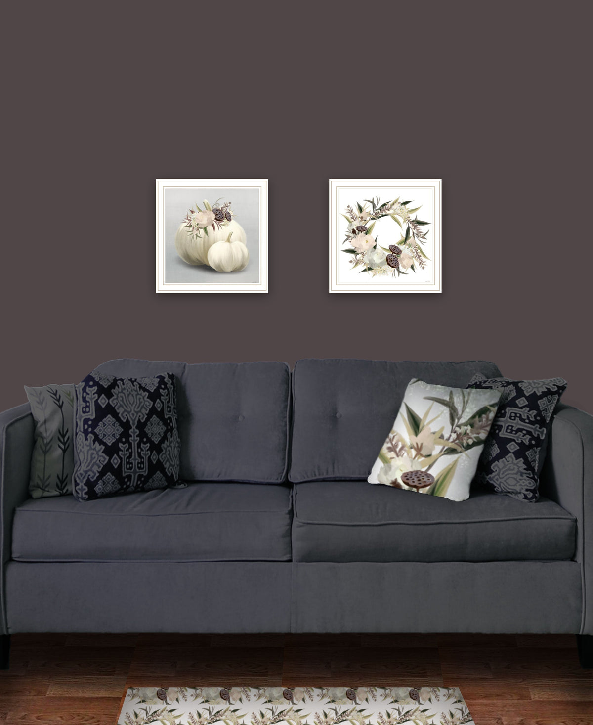 Set Of Two BOHO Pumpkins and Flowers 2 White Framed Print Wall Art LuxuryLifeWay Online Store