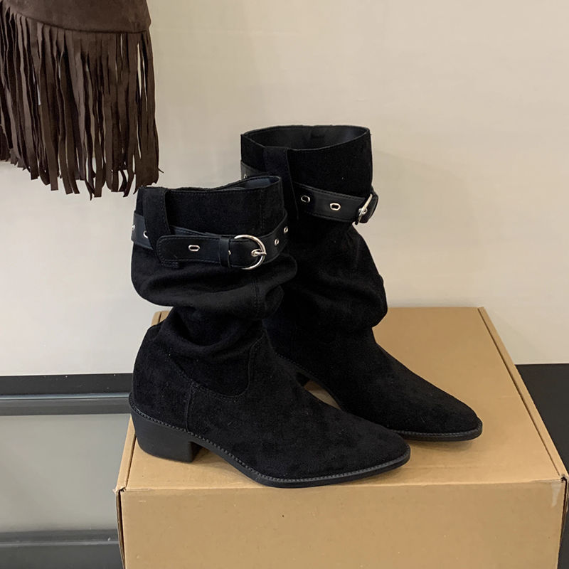Western Cowboy Mid-calf Thick Heel Pointed Toe High Fold Stack Boots LadyShow.Store