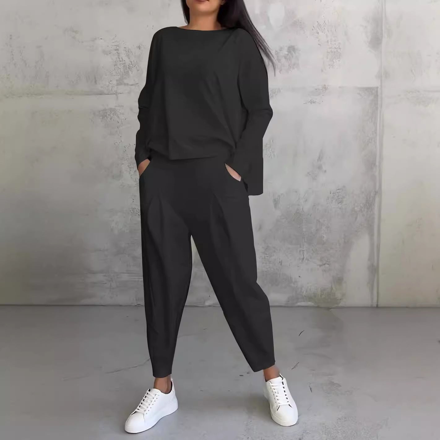 Women's Irregular Suit Long-sleeved Round Neck Top And Loose Harem Pants With Pockets Ins Fashion Trousers Set Women's Clothing LadyShow.Store